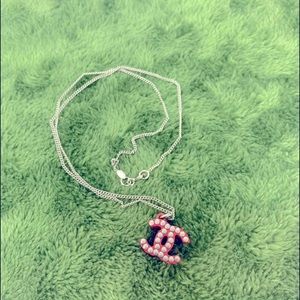 Chanel pink resin CC and silver hardware necklace